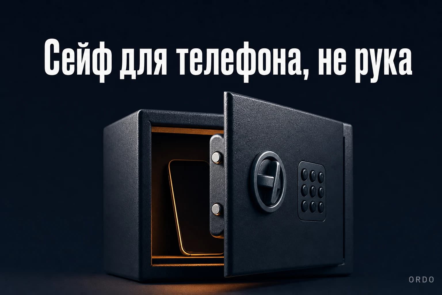 Телефон лежит закрытым в сейфе гостиничного номера на фоне моря, символизируя отпуск без рабочих чатов